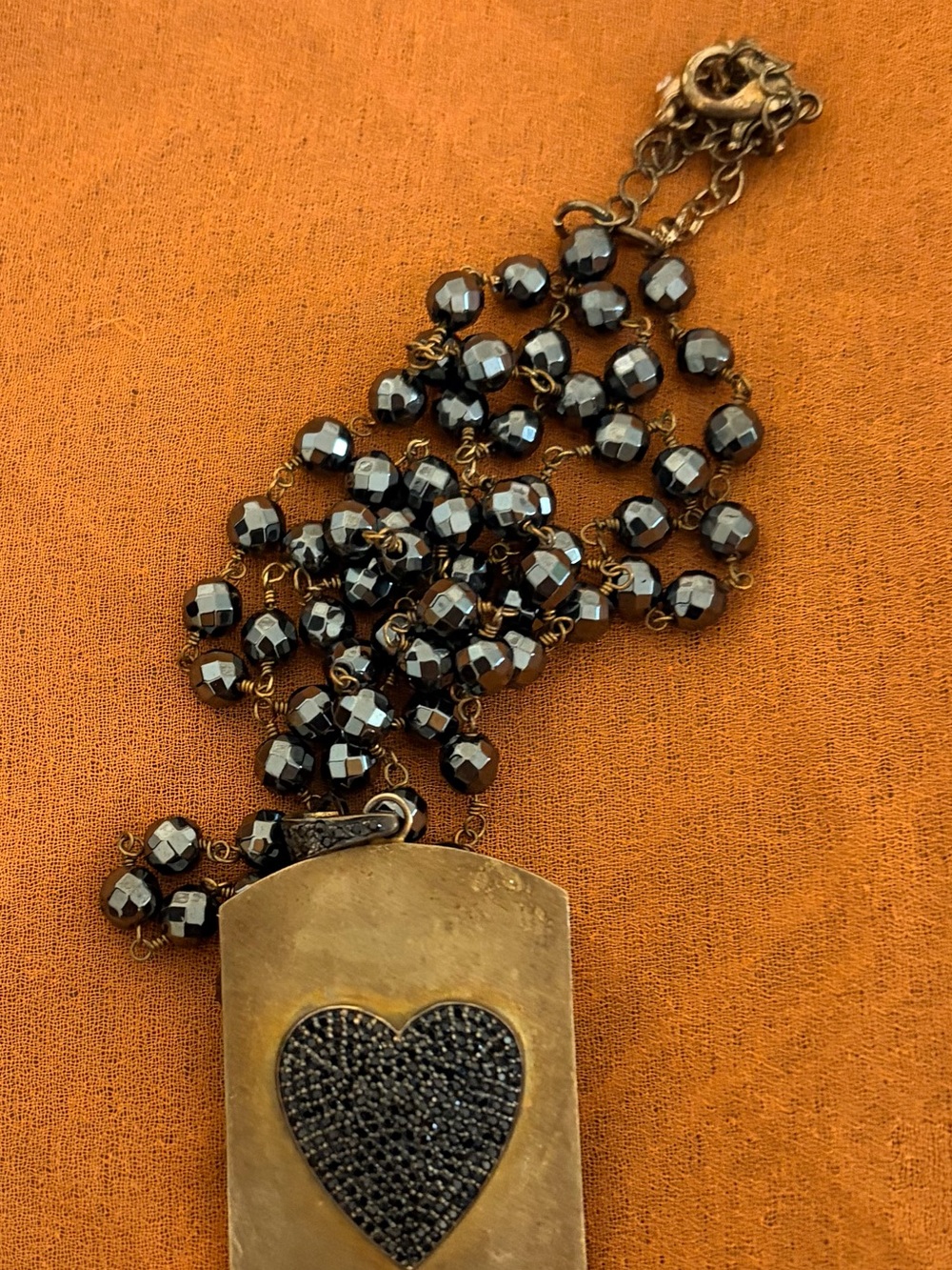 Brass Pendant Necklace with Black Heart and Faceted Black Beads